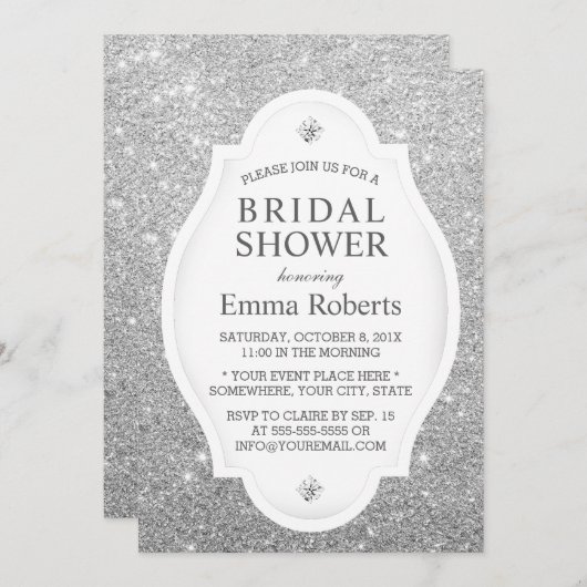 Brautparty Moderner Silberner Glitzer Elegant Einladung (Vorne/Hinten)