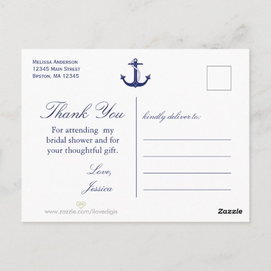 Brautparty Nautical Anchor Navy Blue Vielen Dank Postkarte (Rückseite)