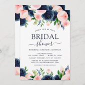 Brautparty Navy Blauer Rosa Blütenblume Einladung (Vorne/Hinten)