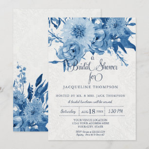 Brautparty Navy Blue White Chintz Damask Floral Einladung