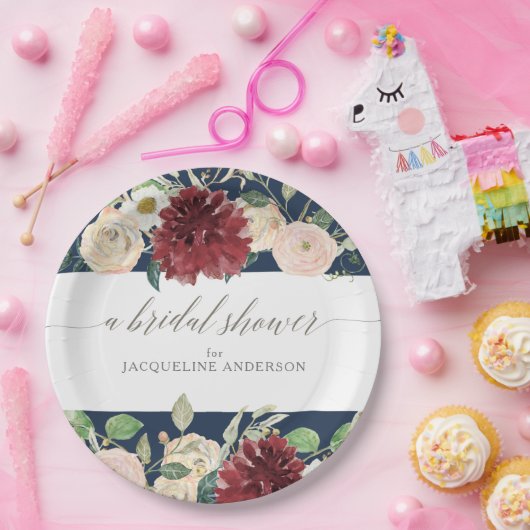 Brautparty Navy Blush Burgund Rose Blumenkohl Pappteller (Party)