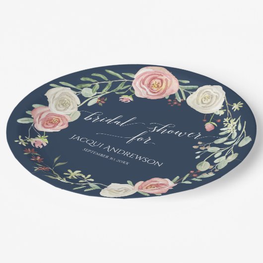 Brautparty Navy Blush Elfenbeinküste Rose Wreath Pappteller (Schrägansicht)
