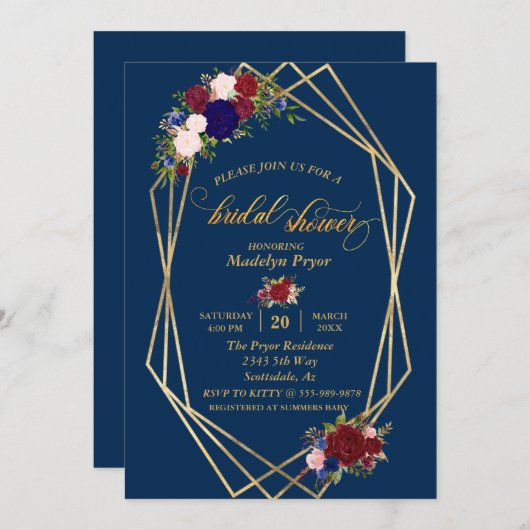 Brautparty Navy Burgundy Gold Frame GoldModern Einladung (Vorne/Hinten)
