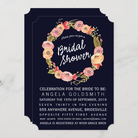 Brautparty Navy Floral Wreath Einladung (Vorne/Hinten)