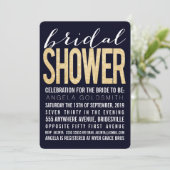 Brautparty Navy Gold Glitzer Typografie Einladung (Stehend Vorderseite)