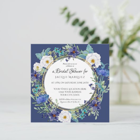 Brautparty Navy White Watercolor Poppy Blume Einladung (Stehend Vorderseite)