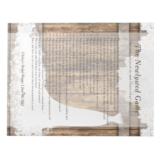 Brautparty New Game - Rustikales Holz & Spitzen 👰 Notizblock (Vorderseite)