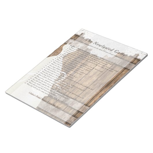 Brautparty New Game - Rustikales Holz und Spitzen Notizblock (angewinkelt)