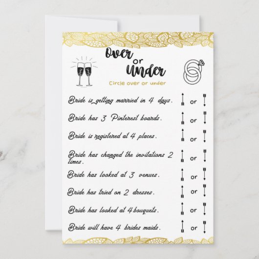 Brautparty Over oder Under Game Gold Einladung (Vorderseite)