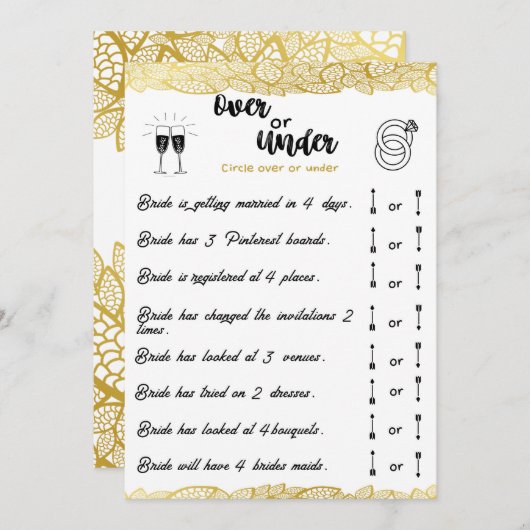 Brautparty Over oder Under Game Gold Einladung (Vorne/Hinten)