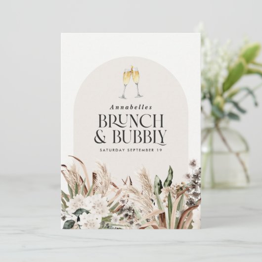 Brautparty Pampas Gras Champagner Brunch Blase Einladung (Stehend Vorderseite)