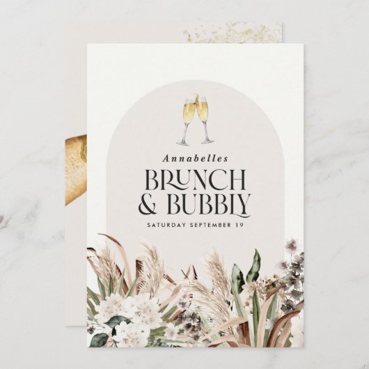 Brautparty Pampas Gras Champagner Brunch Blase Einladung (Vorne/Hinten)