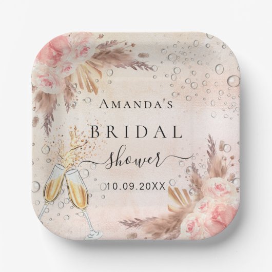 Brautparty Pampas Gras Rose Goldblase Pappteller (Vorderseite)