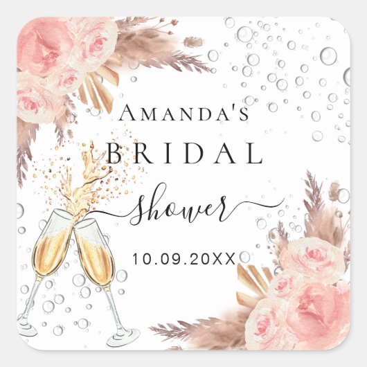 Brautparty Pampas Gras Rose Goldblase Quadratischer Aufkleber (Vorderseite)