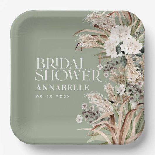 Brautparty Pampas Modernes, elegantes Weiß Pappteller (Vorderseite)