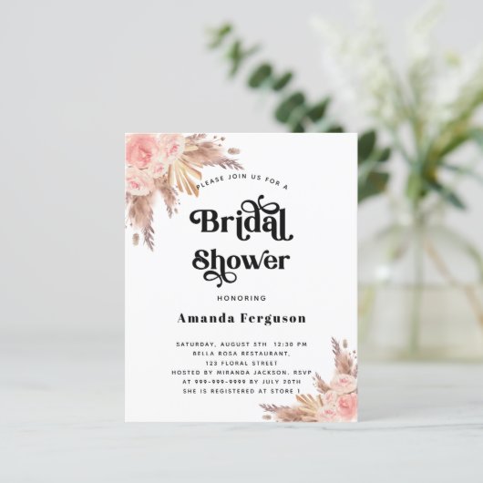 Brautparty Pampas rot Rosa Haushaltseinladung (Stehend Vorderseite)