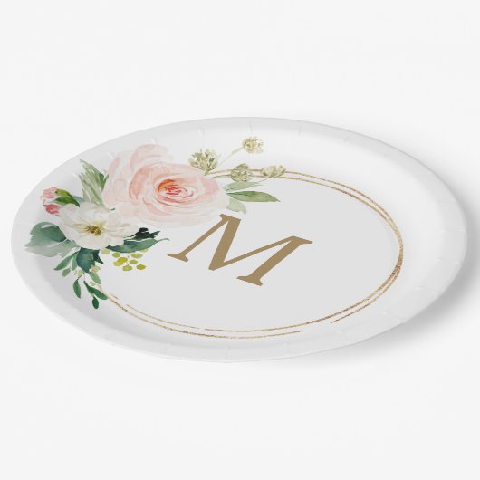 Brautparty-Papiertafel für Rost-Flor-Monogramm Pappteller (Schrägansicht)