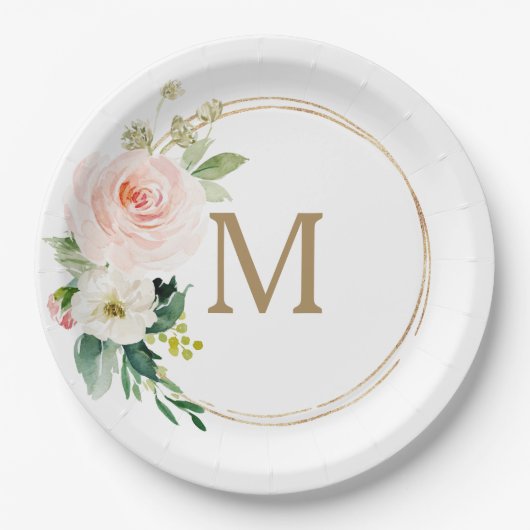 Brautparty-Papiertafel für Rost-Flor-Monogramm Pappteller (Vorderseite)
