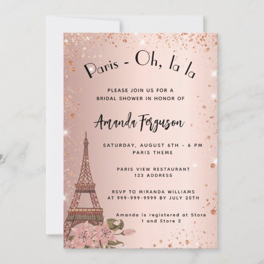 Brautparty Paris Eiffel Turm Rose Gold Einladung (Vorderseite)
