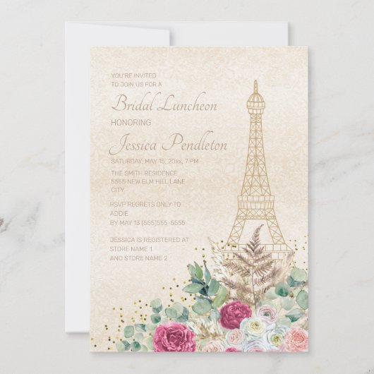 Brautparty Paris Französischer Eiffelturm Pink Gol Einladung (Vorderseite)