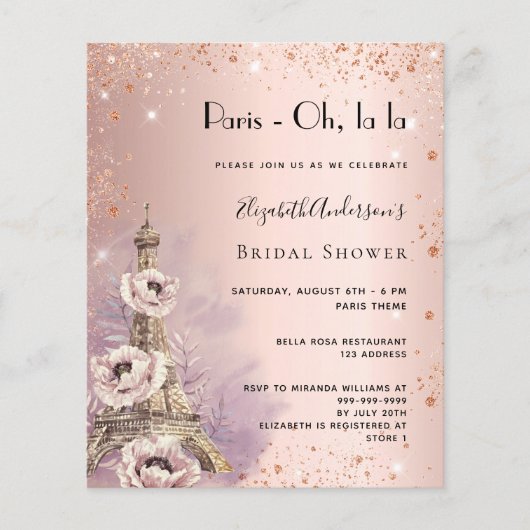 Brautparty Paris Rose Eiffelturm Einladung (Vorderseite)