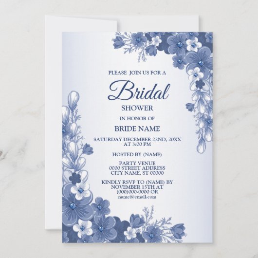 Brautparty Party Blumenblauer Grau Rustikal Einladung (Vorderseite)