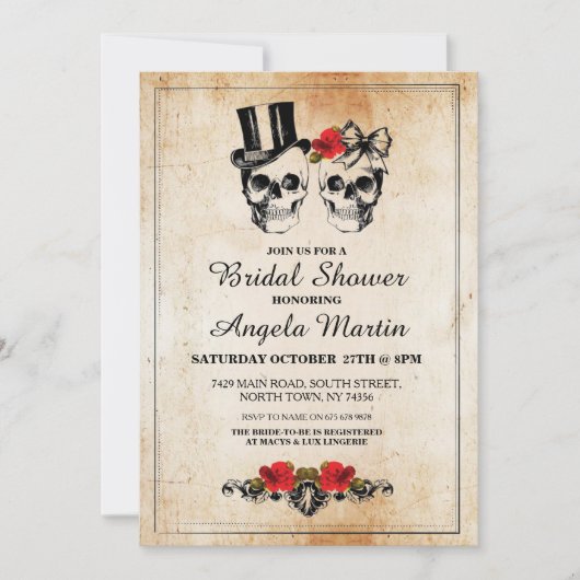 Brautparty-Party-Rosen-Schädel Halloween laden ein Einladung (Vorderseite)
