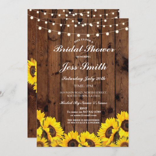 Brautparty Party Rustikale Sonnenblumen Holz einla Einladung (Vorne/Hinten)