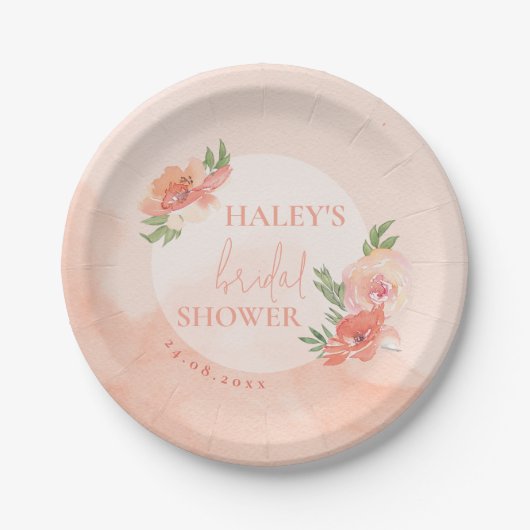 Brautparty Peach Blush Wasserfarbe Blumenchic Pappteller (Vorderseite)