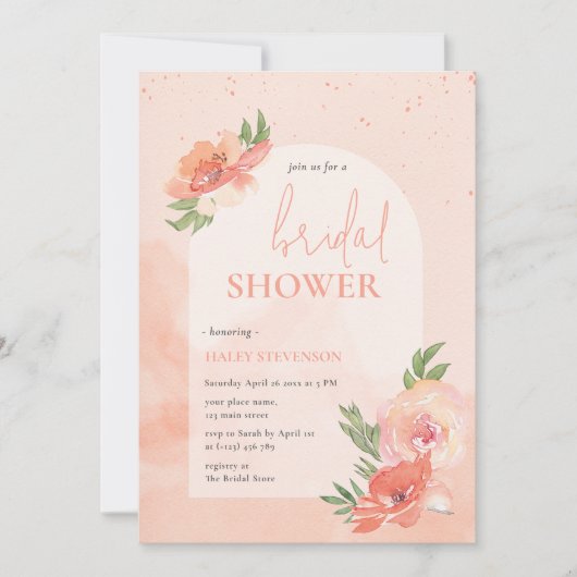 Brautparty Peach Blush Wasserfarben Blumenstrauß Einladung (Vorderseite)