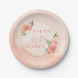 Brautparty Pfirsich-Rosa Wasserfarben-Blumen Chic Pappteller