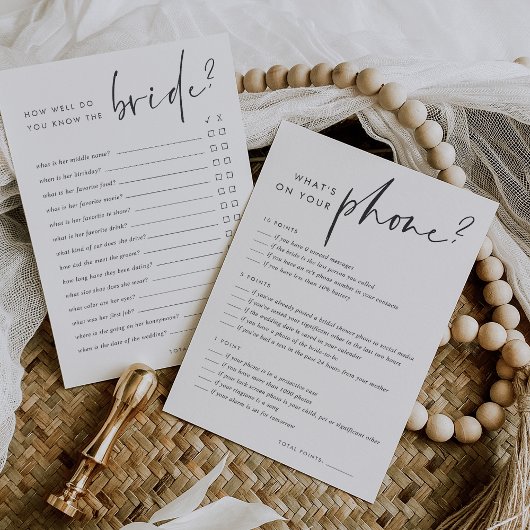 Brautparty Phone Game & Know the Bridge Card Einladung