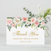 Brautparty Pink Blues Floral Gold Danke Einladung (Stehend Vorderseite)