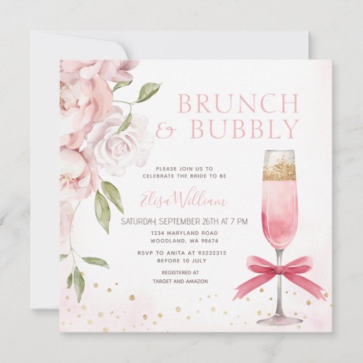 Brautparty PINK Brunch und Bubbly Coquette Einladung (Vorderseite)