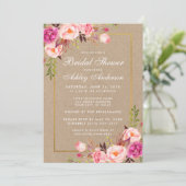 Brautparty Pink Floral Gold Kraft Einladung (Stehend Vorderseite)