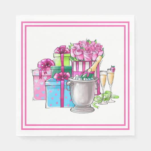 Brautparty Pink Green spendet Champagnerbrille Serviette (Vorderseite)