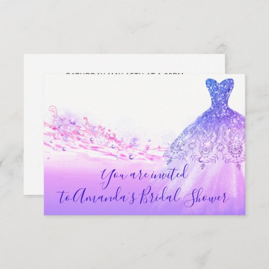 Brautparty Pink Lila Glitzer Royal Blue Einladung (Vorne/Hinten)