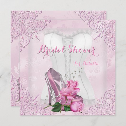 Brautparty Pink Rose Hi Heel Lace Damask Einladung (Vorne/Hinten)