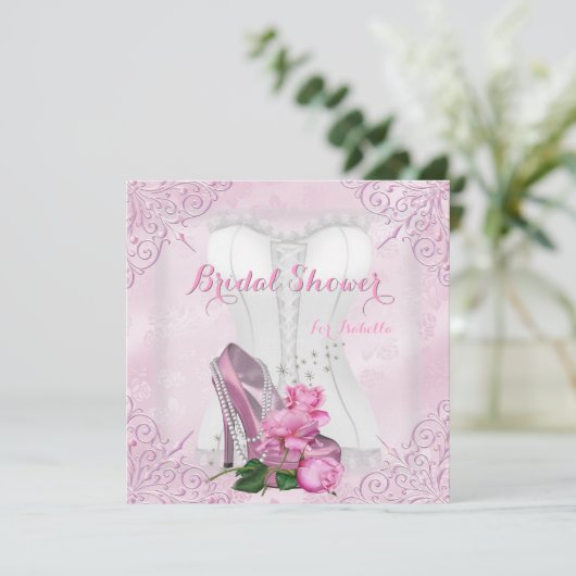 Brautparty Pink Rose Hi Heel Lace Damask Einladung (Stehend Vorderseite)