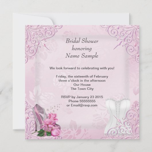 Brautparty Pink Rose Hi Heel Lace Damask Einladung (Rückseite)