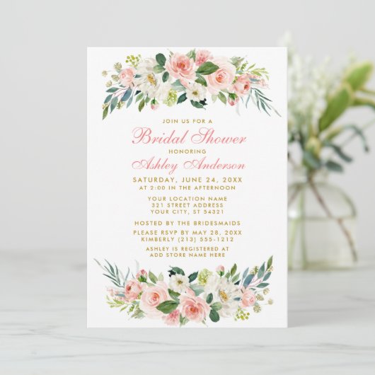 Brautparty Pink White Floral Gold Einladung P (Stehend Vorderseite)