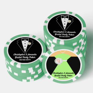 Brautparty-Poker-Schwarzer Smoking & Salbeigrünes Pokerchips