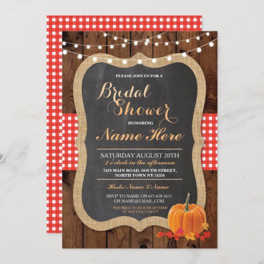 Brautparty Pumpkin Fall Wood Chalk Einladung (Vorne/Hinten)