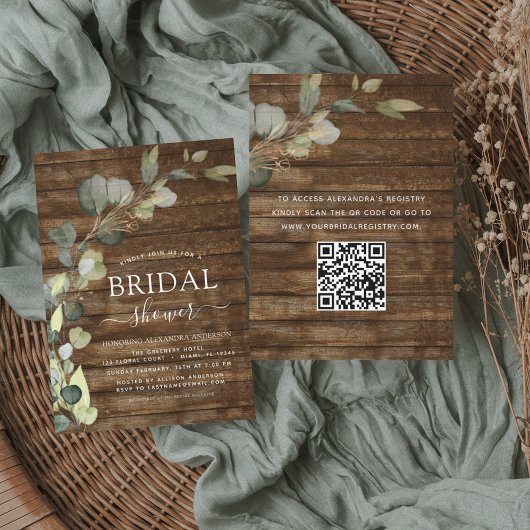Brautparty QR Code Eukalyptus Rustikales Holz Einladung