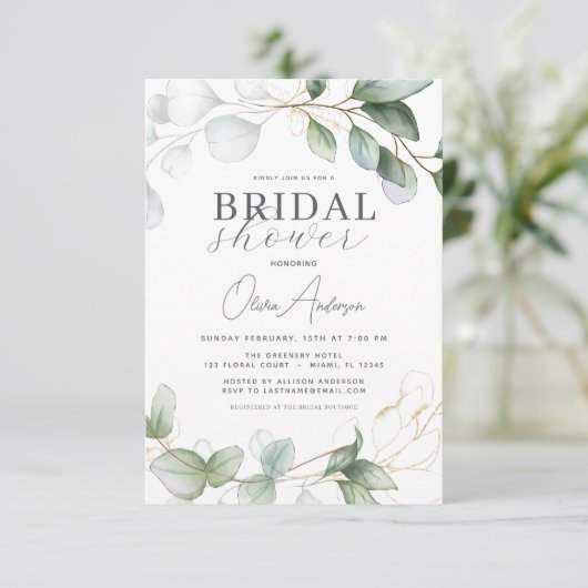 Brautparty QR Code Greenery Eukalyptus Einladung (Stehend Vorderseite)