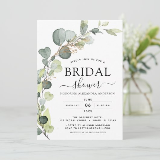 Brautparty QR Code Greenery Eukalyptus Einladung (Stehend Vorderseite)