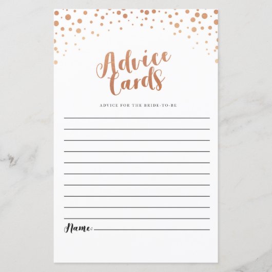 Brautparty Ratgeber Karten Rose Gold Confetti Spie (Vorderseite)