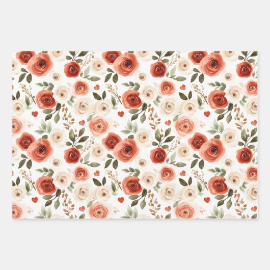 Brautparty "Red Cream Hearts and Blume" Geschenkpapier Set (Vorderseite)