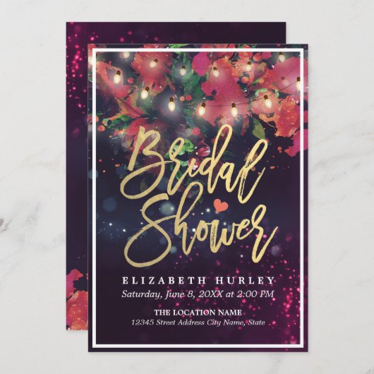 Brautparty Red Floral String Lights Gold Script Einladung (Vorne/Hinten)