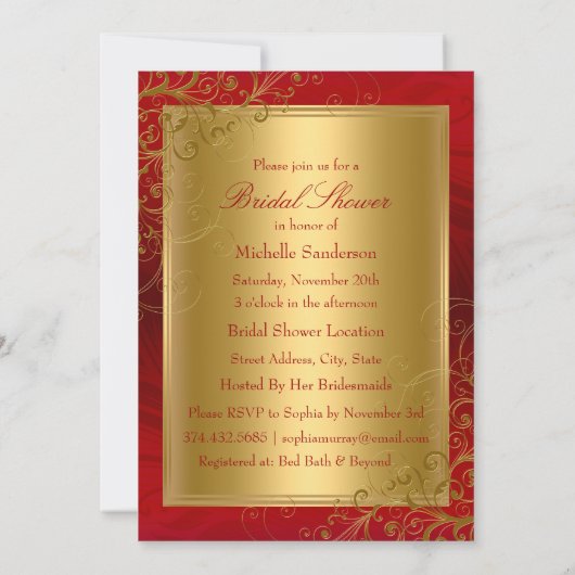 Brautparty Red Gold Swirl & Bow Ankündigungen (Rückseite)